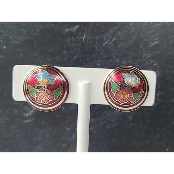 Cloisonne Enamel Butterfly And Floral Circular Shaped Clip-on Earrings Vintage - Picture 4 of 10